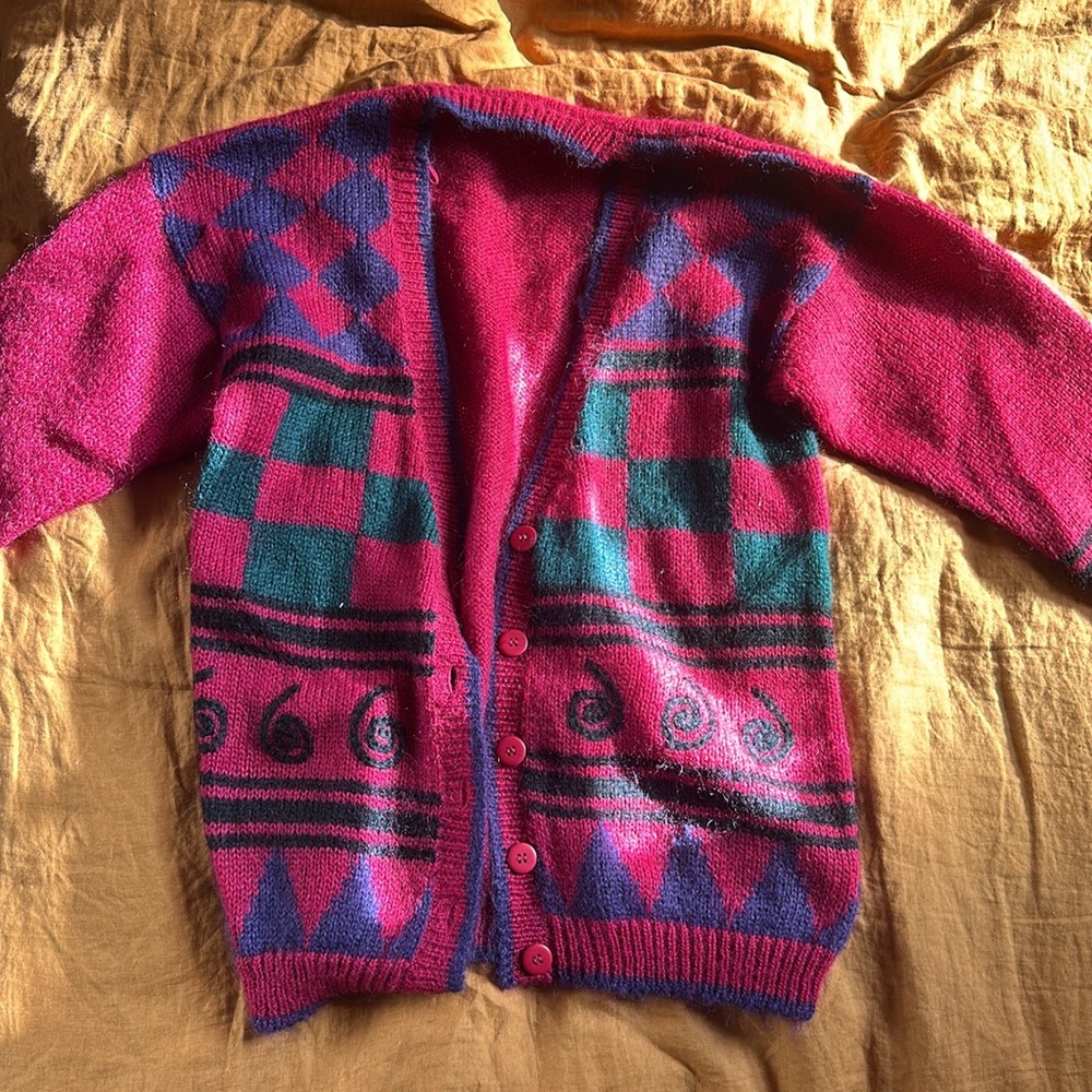 Vintage 80s 50% Mohair Hot Pink Fuzzy Cardigan Grandpa Sweater